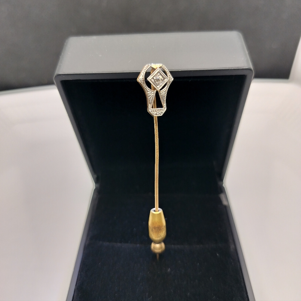 Estate 14k Stick pin real white and yellow gold and real diamond.